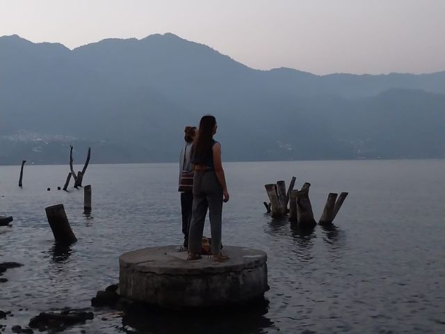 students standing in lake on stump fog